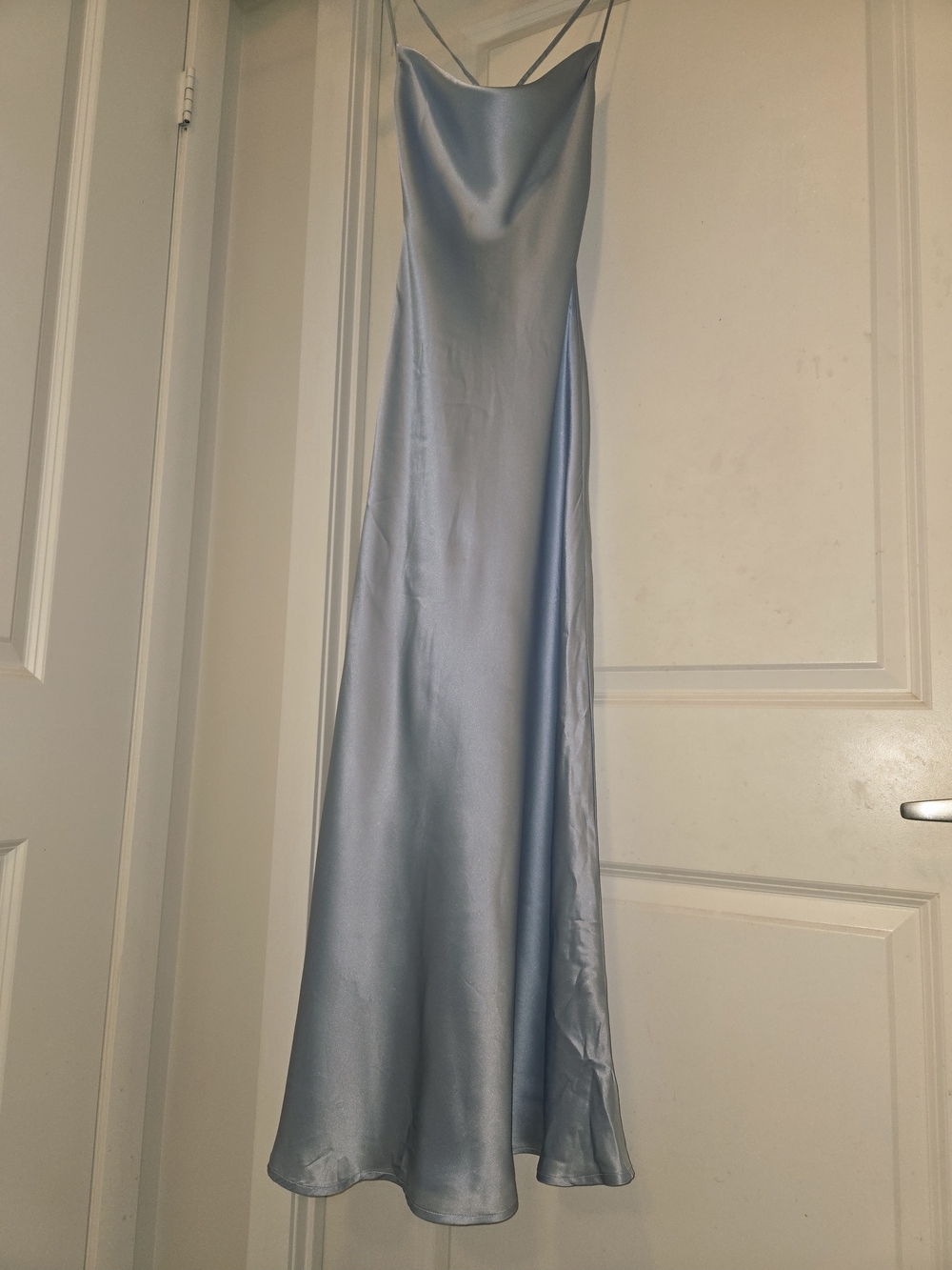 Silk MAISON  Slip Maxi Dress in Light Blue - Elegant Spaghetti Strap Gown XS.